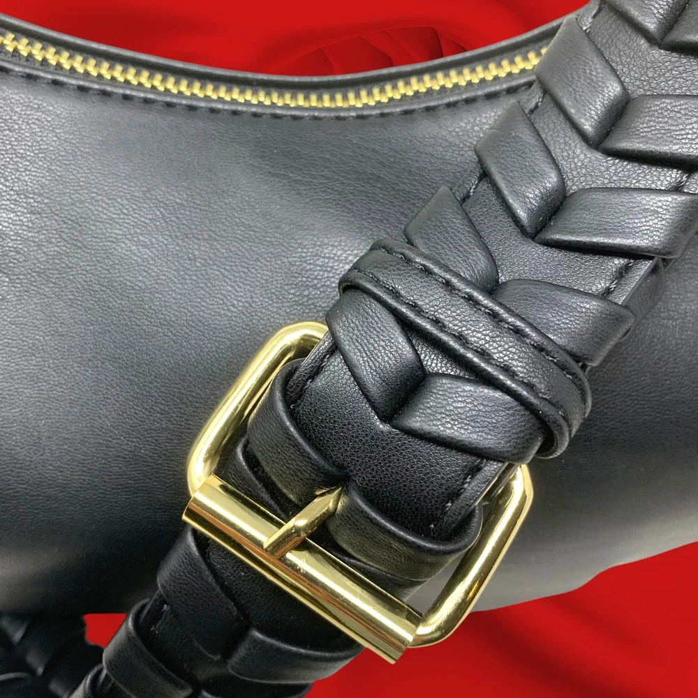 NWT Jules Kae Zola Black Vegan Leather Crescent Hobo Shoulder Bag Braided Strap